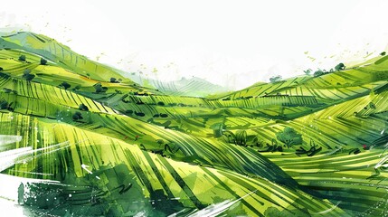 Chinese style mountain landscape Aerial view of the green tea garden, a white background and light blue and green lines