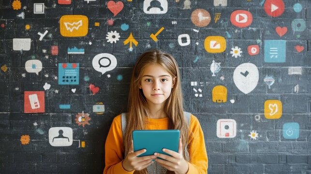 Young girl of mixed ethnicity holding a tablet in front of a colorful social media backdrop.