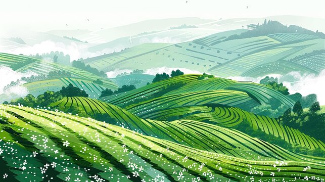 Chinese style mountain landscape Aerial view of the green tea garden, a white background and light blue and green lines - Powered by Adobe
