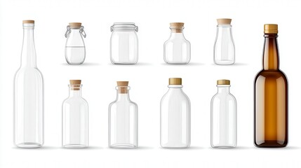 A variety of glass bottles with cork and screw tops arranged in a row, showcasing different shapes and sizes, including one brown bottle.