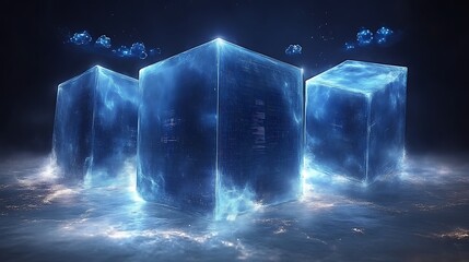 Three luminous blue cubes float above a dark watery surface