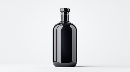 Fototapeta premium A sleek black glass bottle stands upright on a light background, showcasing its elegant design and smooth finish.