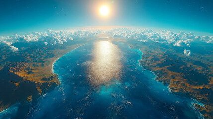 Obraz premium A surreal aerial view of a vast landscape with rolling mountains, lush greenery, and a bright sun rising above the horizon, illuminating the sky with golden hues