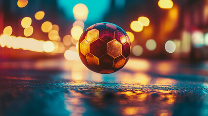 Naklejka premium Soccer ball spinning mid air, suspended with glowing under warm light, creating an exhilarating and dynamic atmosphere
