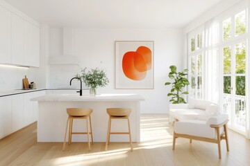 Fototapeta premium Modern Kitchen Interior With Bright White Decor And Colorful Abstract Artwork, Inviting Minimalist Design In Sunny Space