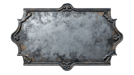 Rusty vintage plaque with ornate frame, isolated on transparent background