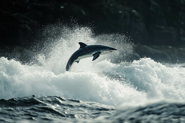 Fototapeta premium A Spinner Shark Leaping Out Of The Water, Ocean Waves, Dynamic And Powerful