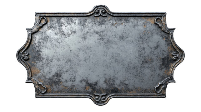 Rusty vintage plaque with ornate frame, isolated on transparent background