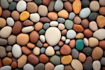 Colorful assortment of smooth pebbles arranged in harmony on a sandy surface near a tranquil shoreline at golden hour