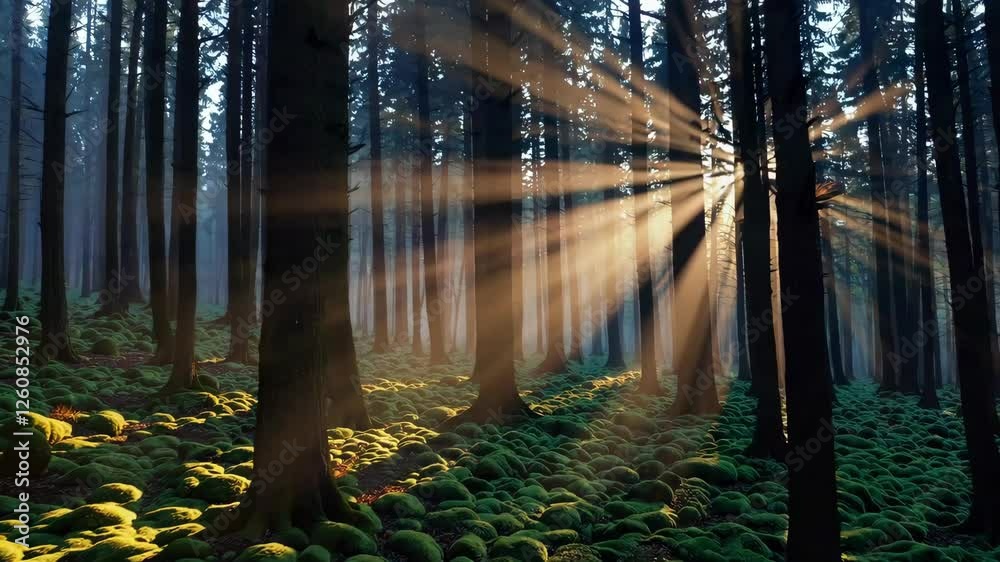 Poster sunlight streaming through dense forest with mossy floor and tall trees, tranquil nature scene. envi