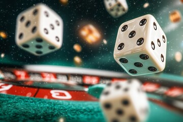 A casino-style scene featuring a roulette wheel, and dices. Generative AI