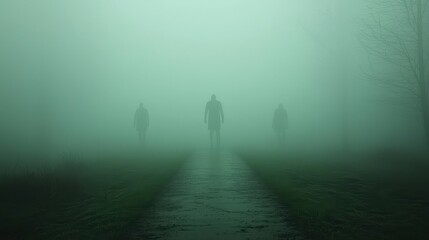 Fototapeta premium Fear of the Dark Concept, Foggy Path with Ominous Silhouettes in a Mysterious and Ethereal Landscape