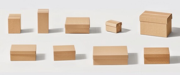 Floating e-commerce boxes on white, varied shapes, clean cardboard texture, soft shadows give depth representing shipping packaging.