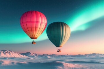 Obraz premium Sky scene with floating hot air balloon concept. Hot air balloons soaring under an aurora in a snowy landscape