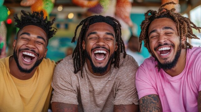 Three men laughing, vibrant colors, outdoor setting.  Possible use for greeting cards, advertising, or social media