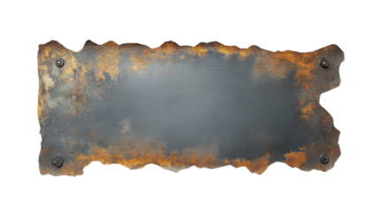 Rusty metal plate with torn edges on transparent background