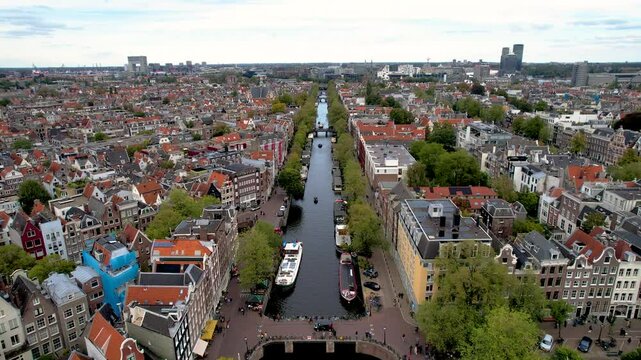 Stunning aerial shot of Amsterdam showcasing its iconic canals, historic architecture, and vibrant cityscape. The perfect blend of history and modernity from above
