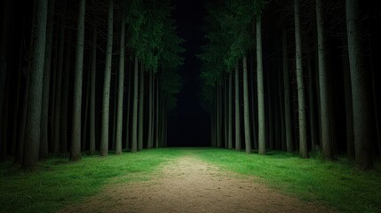 Naklejka premium Fear of the Dark Concept, Enigmatic Nighttime Forest Clearing Surrounded by Tall Dark Trees Under the Stars