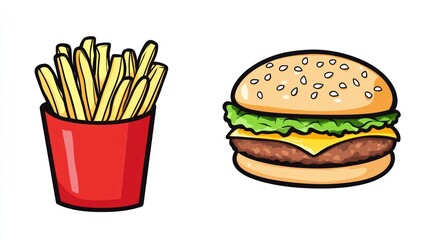 Cartoon French Fries and Burger Illustration