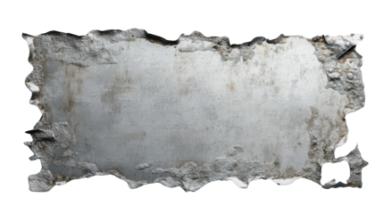 Damaged metal plate with torn edges on transparent background