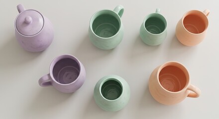 Overhead view of a pastelcolored ceramic tea set. Includes a teapot, mugs, and small vessels in shades of lavender, mint, and peach.
