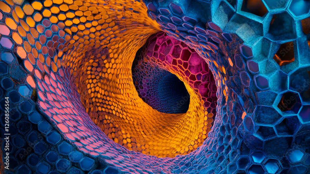 Poster colorful abstract hexagonal pattern swirling through a three-dimensional tunnel