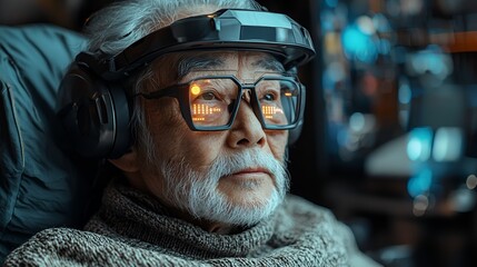 Elderly man VR headset futuristic technology