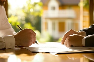 A bride and groom with wedding rings are signing a document