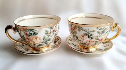 Floral teacups and saucers on white background.  Possible use Tea party, gift, display