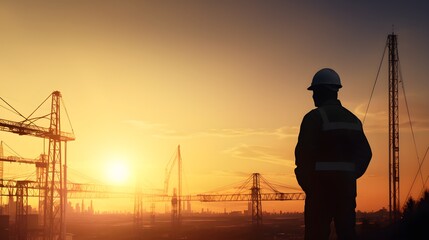 Construction Worker Silhouette at Sunset Industrial Cranes Engineering Project