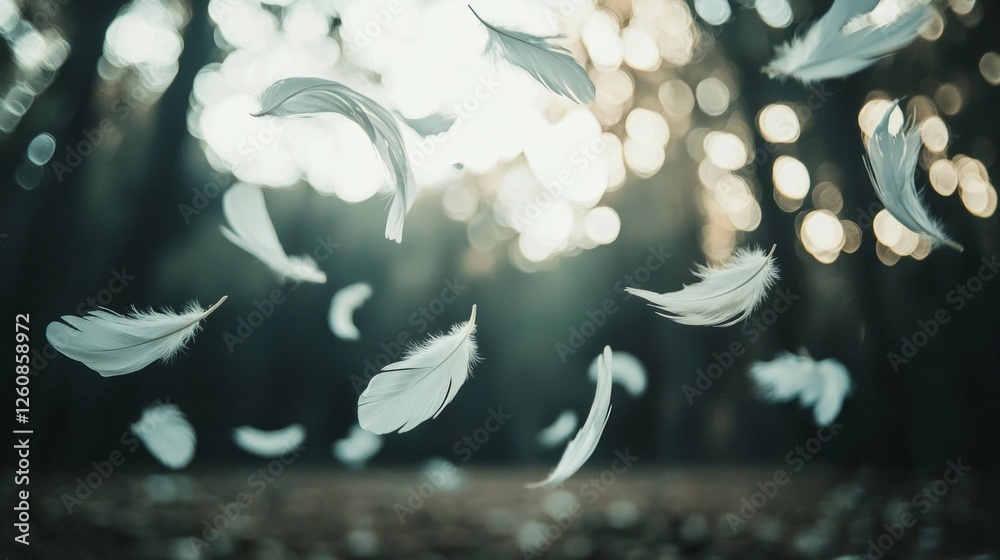 Poster Delicate white feathers fall gently in a tranquil forest, illuminated by soft light filtering through the trees. Nature's artistry unfolds as they dance and float, creating a soothing ambiance