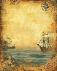 An ancient map of the world featuring a ship and a compass upon it