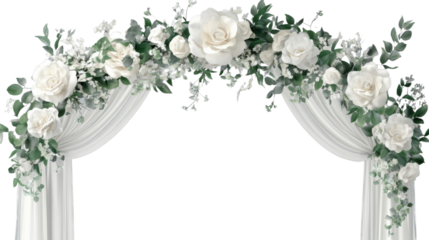 Wedding arch decorated with white roses and eucalyptus on transparent background