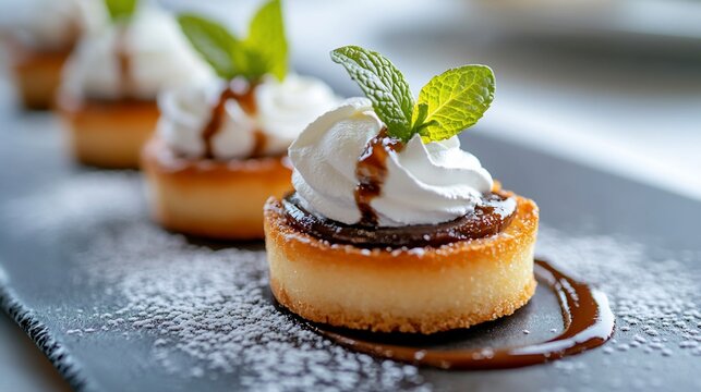 Mini desserts, caramel sauce, whipped cream, mint, restaurant setting, food photography