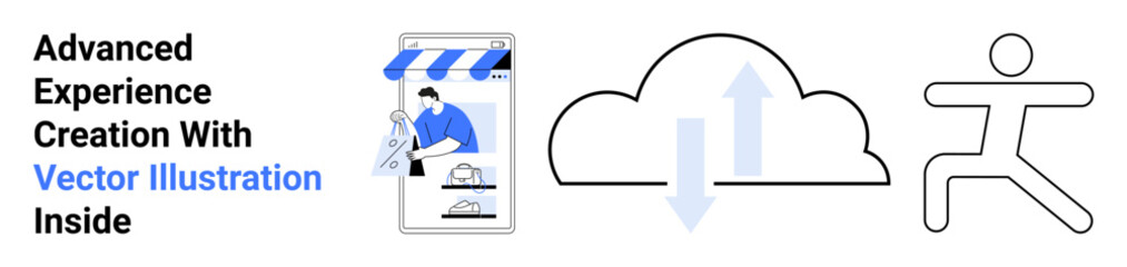 Smartphone storefront graphic, cloud sync icon, and abstract dynamic figure symbolizing innovation. Ideal for e-commerce, cloud tech, mobility, connectivity, content creation, fitness flat landing