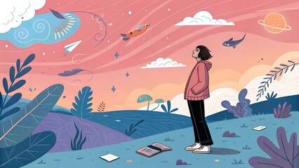 a whimsical illustration featuring a person standing on a hill