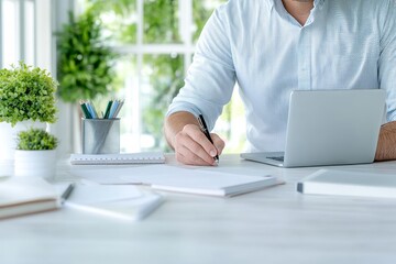 Man working at computer in workspace. Generative AI