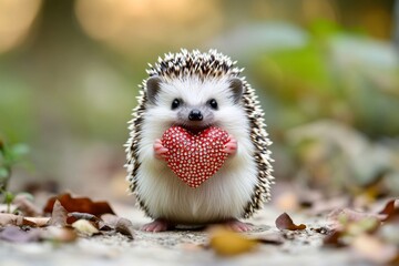 Obraz premium Commercial animal creative design. Hedgehog - my cherished animal. Cute hedgehog baby with sparkling rhinestones red heart on in a natural habitat. Heartwarming moment in nature.
