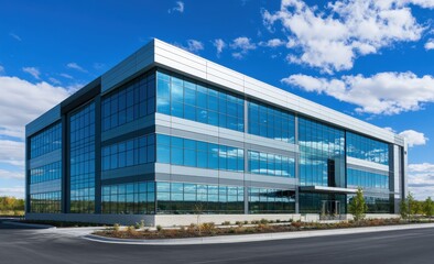Fototapeta premium A large office building with many windows against a blue sky