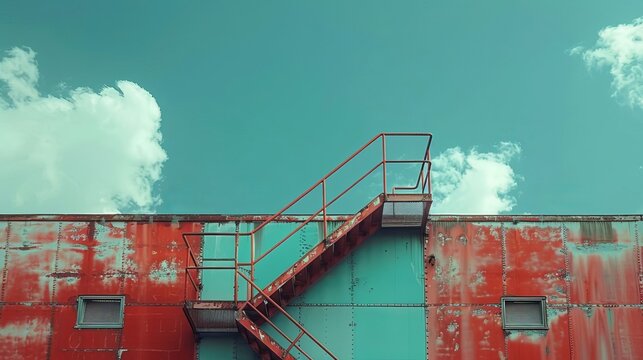 Rusted Metal Exterior with Teal Panel and Exterior Staircase Against a Blue Sky