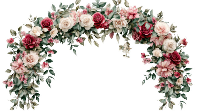 Watercolor floral garland creating elegant arch with transparent background