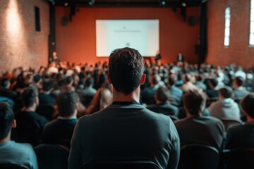 A man sits in front of a group watching a presentation