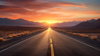 Fototapeta premium Majestic Sunset Highway Open Road Journey Through Desert Mountains at Golden Hour