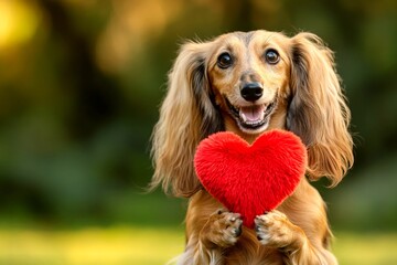 Afghan hound - my beloved dog, symbol of friendship. Digital ads furry friend pattern art. Cute afghan hound with fluffy red heart on a walk in a spring green space. Red heart and dog.