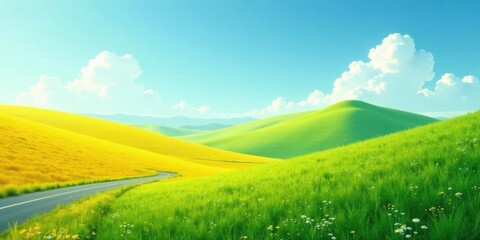 Obraz premium Serene Winding Road Through Vibrant Yellow and Green Rolling Hills Under a Sunny Sky with Puffy Clouds