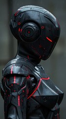 Fototapeta premium Futuristic Cyborg Female in Black Armor Red Lights Rain Sci Fi Concept Art