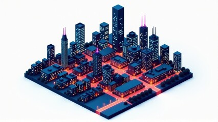 Isometric Night Cityscape Low Poly 3D Model of Modern Metropolis
