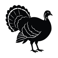 A turkey bird silhouette features a rounded body, a fan-shaped tail, and a distinct head with a wattle. The outline emphasizes its strong, upright posture and distinctive plumage.