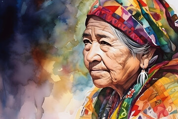 Fototapeta premium Watercolor Portrait of an Elderly Latino Woman With Vibrant Attire