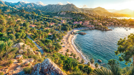 Mediterranean coastal paradise with turquoise bay, luxury villas, palm trees and mountain backdrop. Aerial panoramic view of tropical beach resort with boats, idyllic shoreline and scenic sunset.